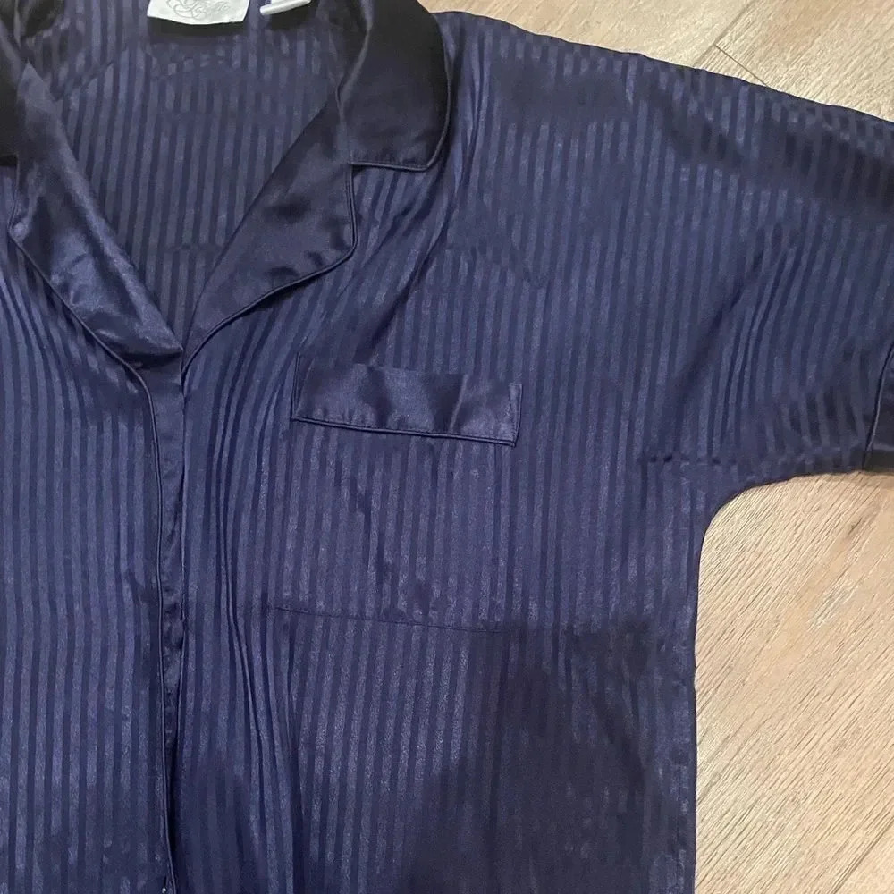 SATIN BLUE JACQUARD SEMI SHEER OVERSIZED BUTTON UP COLLARED SLEEP SHIRT SIZE S - Picture 6 of 16